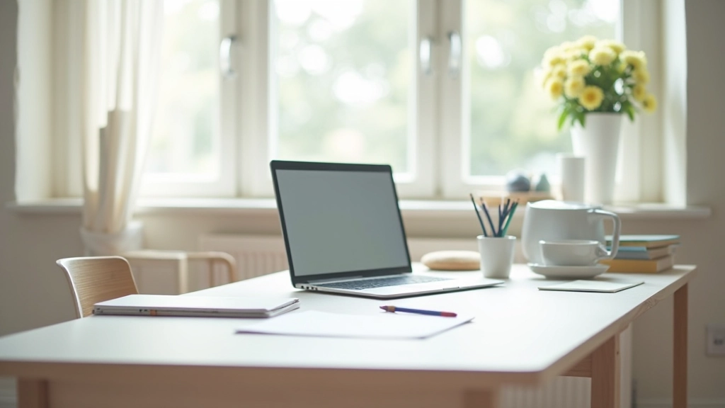 Čistý, minimalistický pracovní prostor s řádně organizovanými věcmi, přírodní světlo