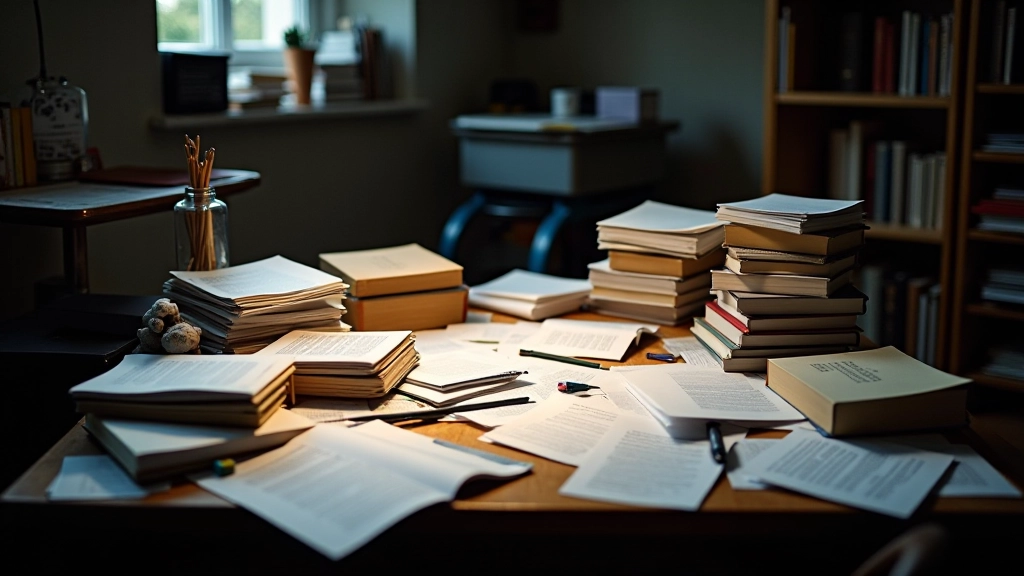 Chaos na stole s papíry a předměty, slabé osvětlení, neuspořádaný prostor