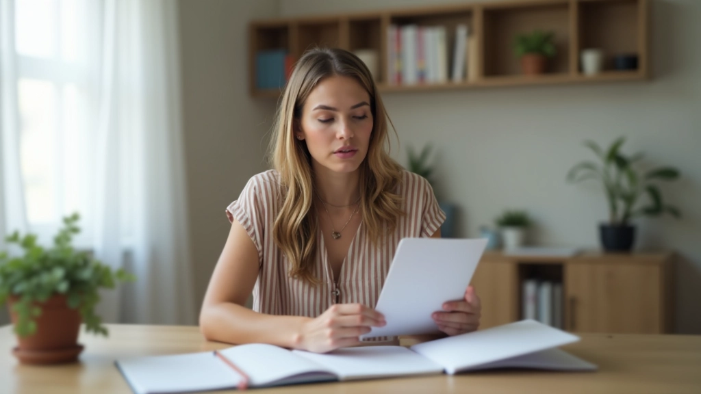 Žena psající do sešitu, organizers na stole, klidné prostředí