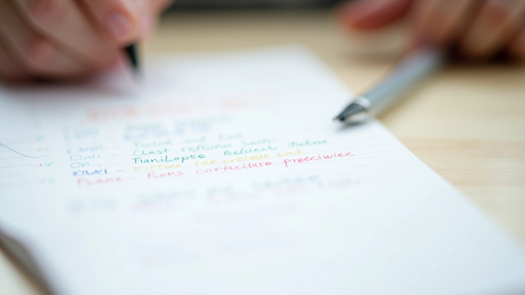 Ruce držící rozepsaný papír, různobarevné podtrhování, kreativní zápisky