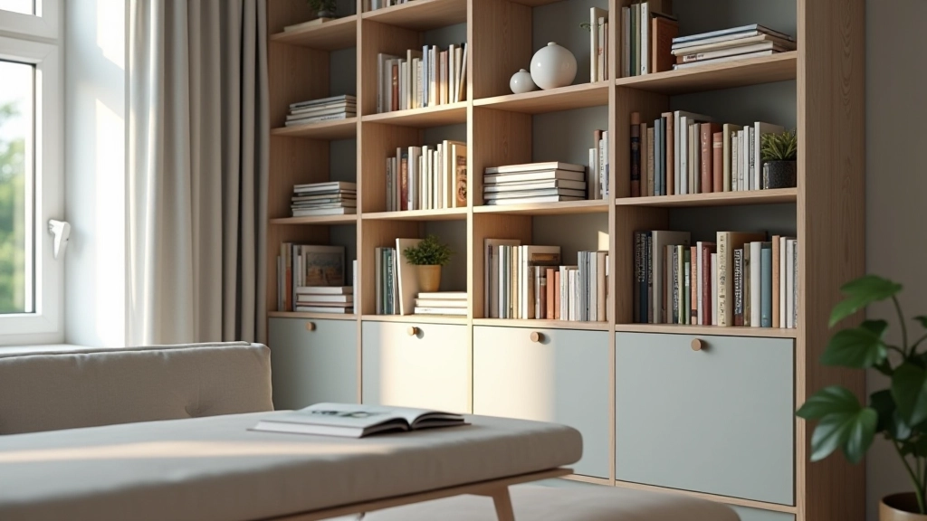 Uspořádaný regál s knihami a dekoracemi