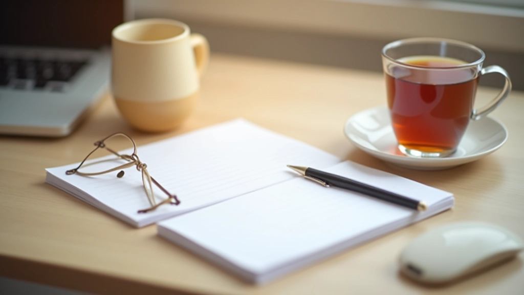 Notebook s plánováním a čajovým šálkem