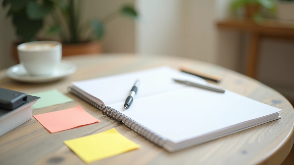 Pracovní stůl s notebookem a poznámkami, organizované prostředí, přirozené osvětlení