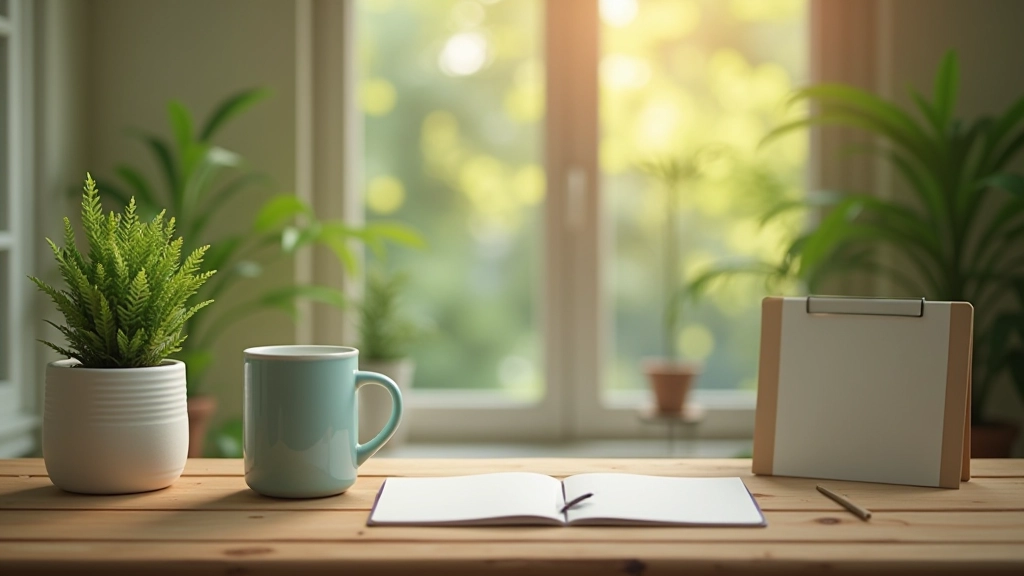 Přehledný pracovní stůl s minimem předmětů, přírodní světlo ze strany, čistý pořádek