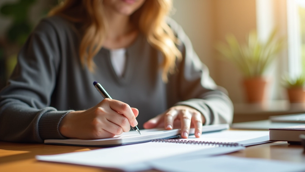 Ruce držící pero, poznámkový blok, minimalistický interiér, fokus na psaní