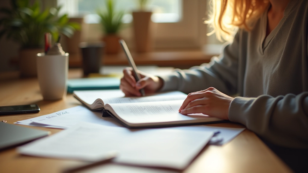 Osoba píšící do notebooků v organizovaném pracovním prostoru s plánováním