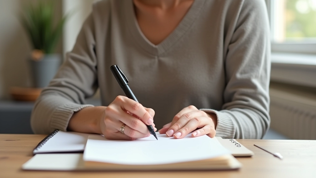 Ruka drží tužku a píše do diáru, papírový plánování na stole